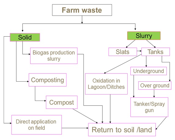 Diagram that explains the farm waste management techniques to choose depending on the waste types