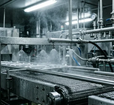 Stainless steel sanitation equipment on a commercial food processing line