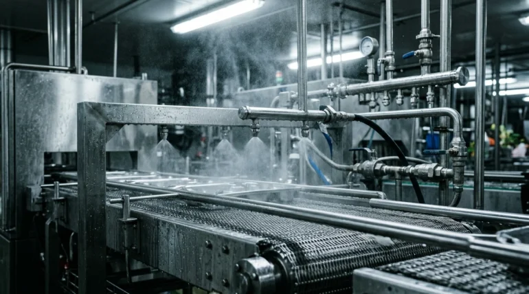 Stainless steel sanitation equipment on a commercial food processing line