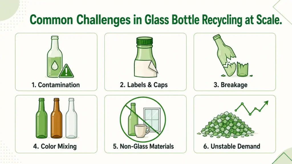 Infographic on the 6 Common Challenges in Glass Bottle Recycling at Scale