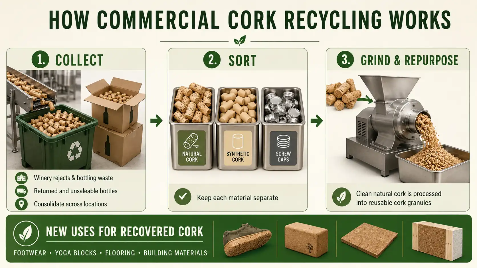 Commercial cork recycling collect, sort, repurpose