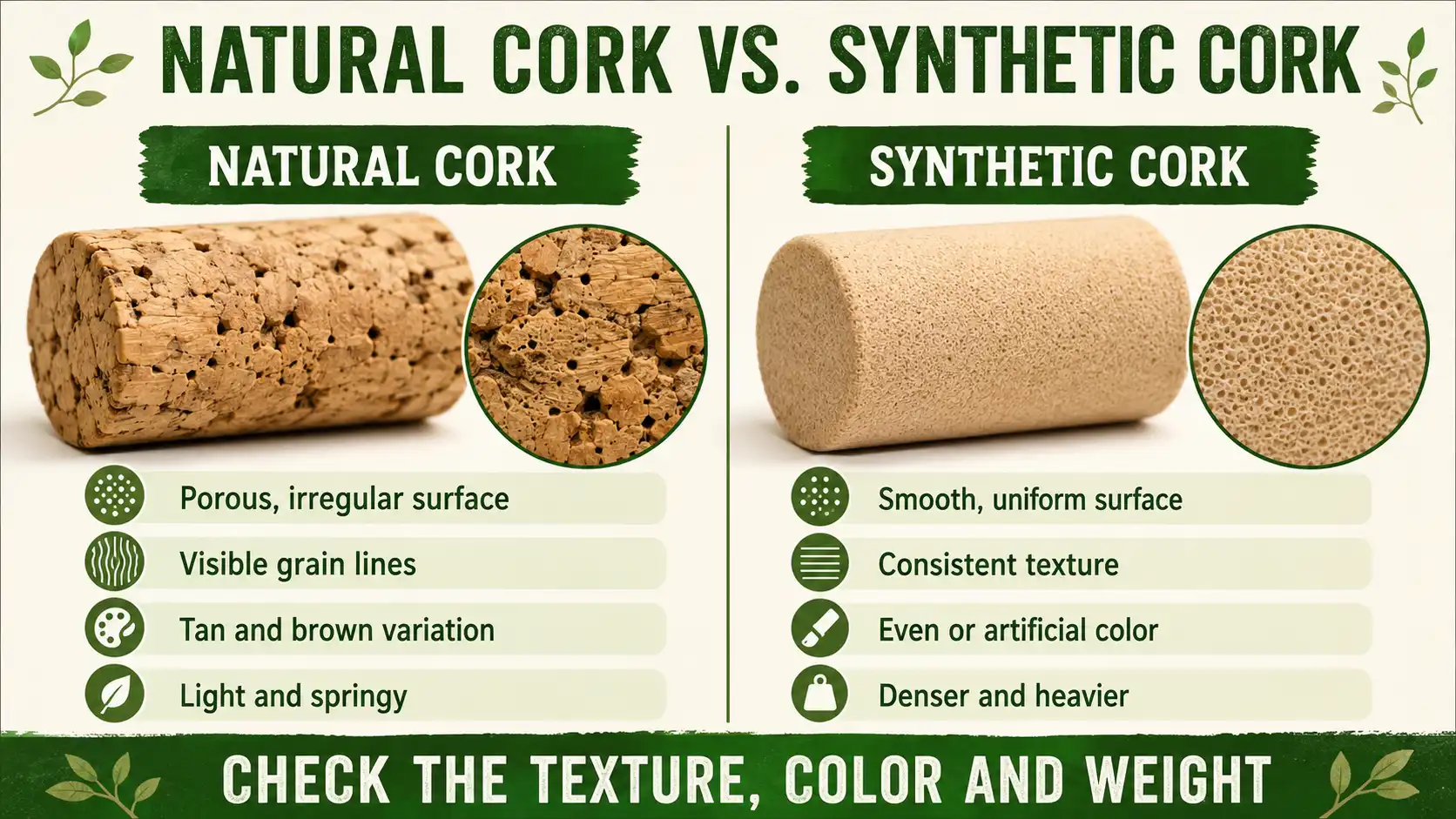 Natural vs synthetic cork texture guide