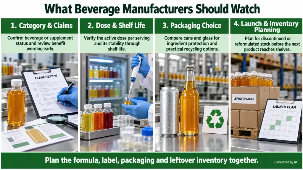 Four checks for beverage manufacturers: category and claims, dose and shelf life, packaging choice, and launch inventory planning.