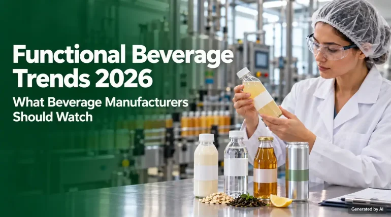 everage specialist reviewing functional drink samples beside a bottling line, illustrating functional beverage trends for 2026.