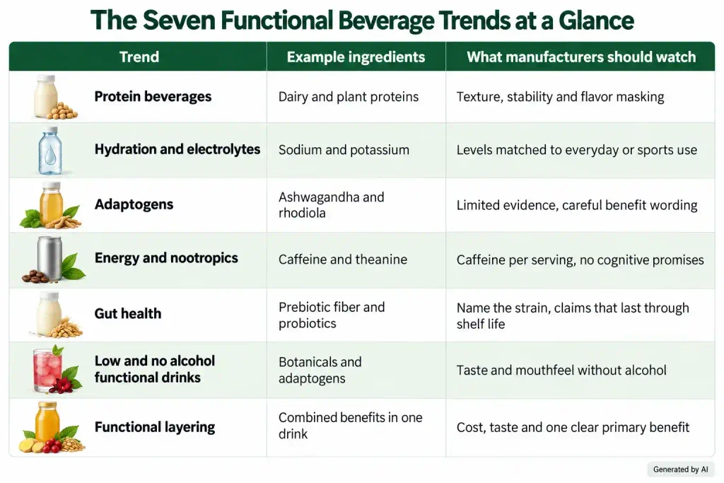 Table comparing seven functional beverage trends, example ingredients, and key formulation considerations for manufacturers.